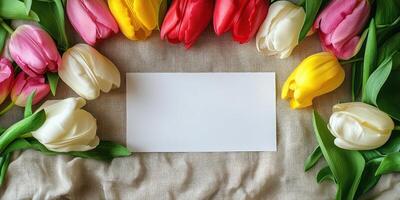 Hyper realistic studio shot of blank white card surrounded by colorful tulips for spring celebrations or invitations photo