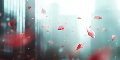 Dreamy cherry blossom petals in urban skyline background for tranquil design photo