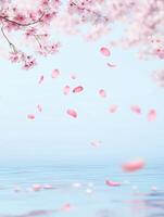 Tranquil riverside with cherry blossoms and petals falling in spring photo