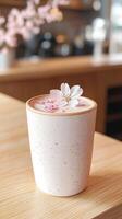 Pastel pink sakura latte in minimalist ceramic mug with cherry blossom accent photo