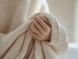Gentle comfort and warmth of a mothers hand in soft knit fabric photo