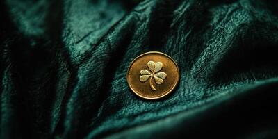 St. Patricks day celebration with single golden coin on green fabric photo