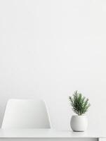 Modern minimalist workspace with white desk and green potted plant for interior inspiration photo