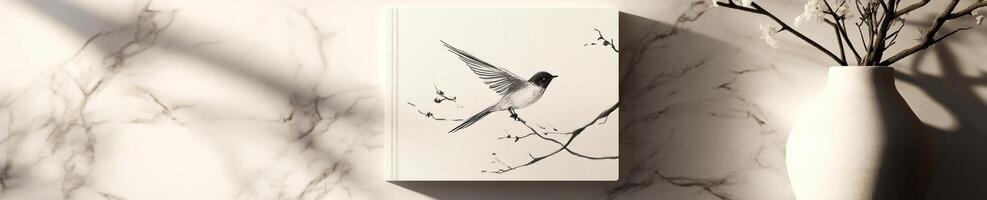 Minimalist art decor featuring bird illustration and elegant vase on marble background photo
