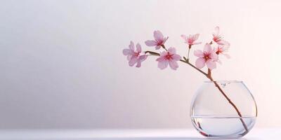 Delicate sakura branch inside a transparent vase on minimalist background photo