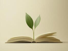 Growth and knowledge concept with green sprout emerging from open book pages photo