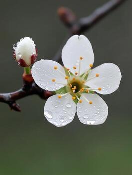 Delicate dewdrop on blooming spring flower. Nature macro photography concept photo