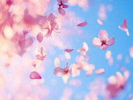 Serenity of cherry blossom petals falling against a blue sky in springtime photo