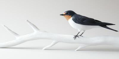 Hyper realistic high resolution close up of a swallow on a white branch photo