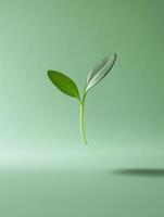 Surreal minimalistic studio shot of a floating green leaf for nature inspired design photo