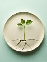 Resilience of nature. Delicate green sprout emerging from cracked surface on plate photo