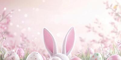 Easter celebration with bunny ears and eggs on a soft pink gradient background photo