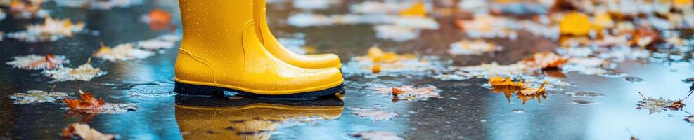Bright and playful autumn scene with yellow boots on rainy pavement photo