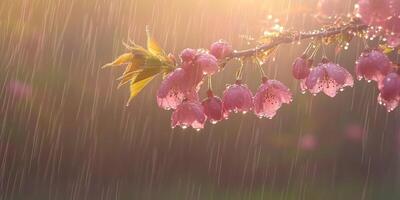 Dreamy spring rain with blossom branch for seasonal design photo