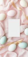 Minimalistic and aesthetic Easter design with pastel eggs and elegant ribbon for holiday greeting cards photo