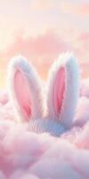 Enchanting pair of fluffy white bunny ears in dreamy pink clouds photo