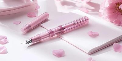 Sakura themed stationery flat lay with pink fountain pen and blossoms for elegant design photo