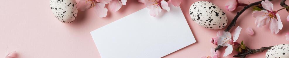 Stylish Easter greeting card mockup with speckled eggs and blossoms for spring design photo