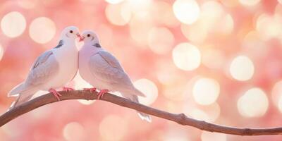 Romantic Valentines day scene with two doves on a branch photo