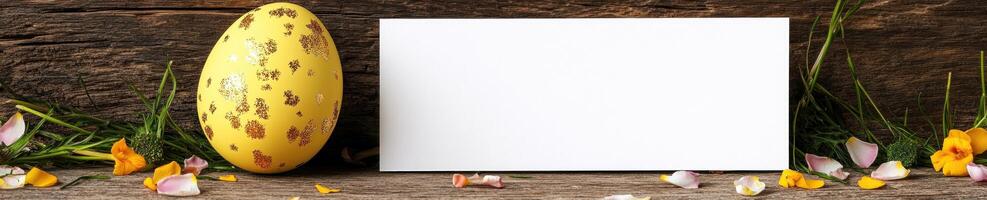 Whimsical Easter mockup with yellow egg, blank card, and floral accents for festive design photo