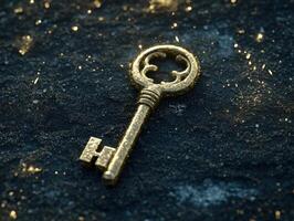 Elegant golden key on black background for luxury and mystery concepts photo