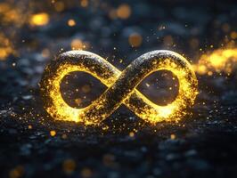 Golden infinity symbol on black stone background for elegant design and decoration photo