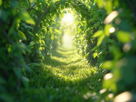encantador verde laberinto de iluminado por el sol arboles y lozano hojas foto