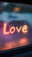 Romantic message of love on foggy car window in rainy evening photo