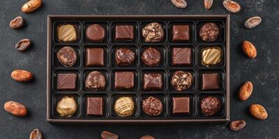 Artistic display of gourmet chocolate assortment with cocoa beans for culinary inspiration photo