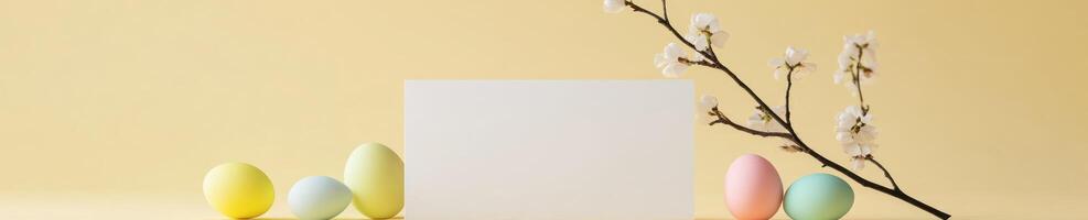 Minimalist Easter greeting card mockup with pastel eggs and blossoms photo