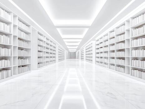 Endless white bookshelves in a modern minimalist library with bright lighting photo