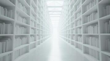 Infinite white corridor with endless bookshelves in minimalistic architecture photo