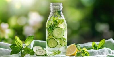 Refreshing spring lemonade with cucumber and mint in glass bottle for beverage inspiration photo