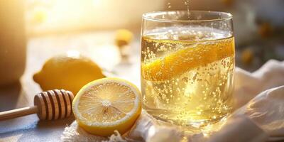 Refreshing citrus delight. Elegant glass with golden honey lemon infusion photo