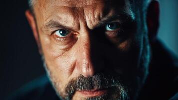 A Close Up Portrait Of A Serious Man With Blue Eyes photo
