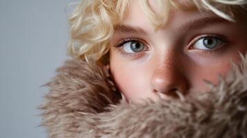 Blonde girl partially hidden by a fluffy brown collar photo