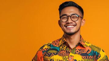 Happy Man Smiling Brightly Wearing Colorful Shirt photo