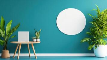 Modern Teal Room Decor With Laptop Plants And Circle photo