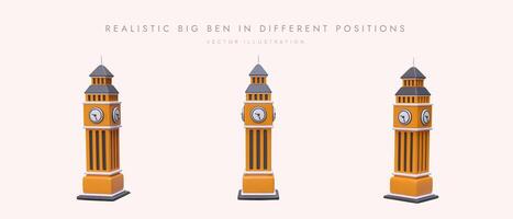Collection of realistic Elizabeth Towers. 3D figurines of Big Ben with large clock vector
