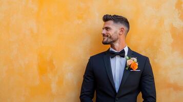Groom in tuxedo poses against a yellow wall photo