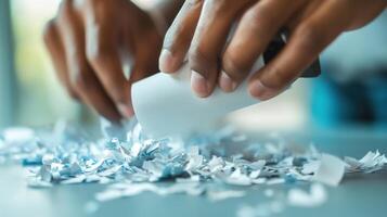 Hands Shredding Confidential Documents Into Tiny Pieces photo