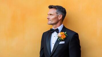 Elegant Man In Tuxedo Against Yellow Wall photo