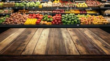 Wooden Tabletop Before A Blurred Produce Display photo