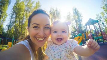 Happy Mother And Baby Daughter At Playground photo
