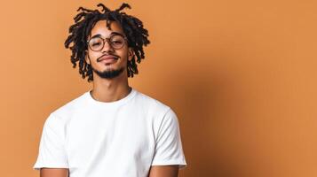 Young Man With Dreadlocks Smiling Against Orange Background photo