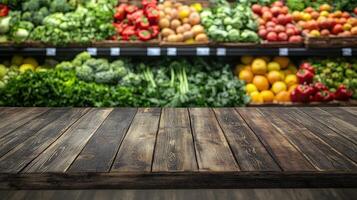 Wooden Tabletop Before A Produce Market Display photo