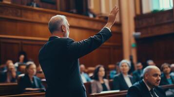 Man in suit addressing a large audience photo