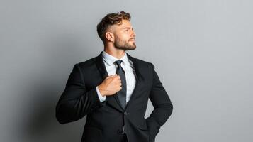 A handsome man in a black suit adjusts his tie photo