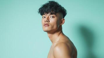 Young Man Poses Shirtless Against A Teal Background photo