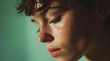 Young Woman With Freckles And Short Hair Looking Down photo